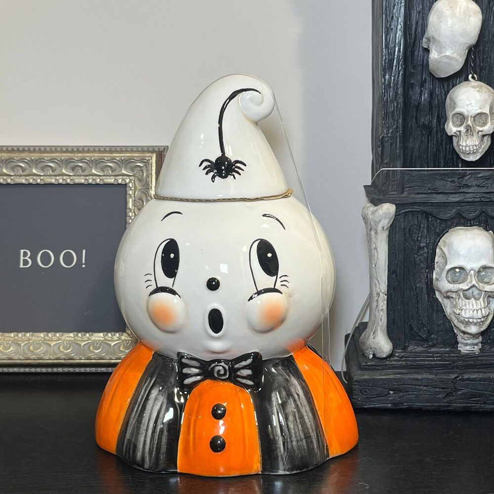 Johanna Parker Halloween Vintage Orange Black Striped Ghost Canister